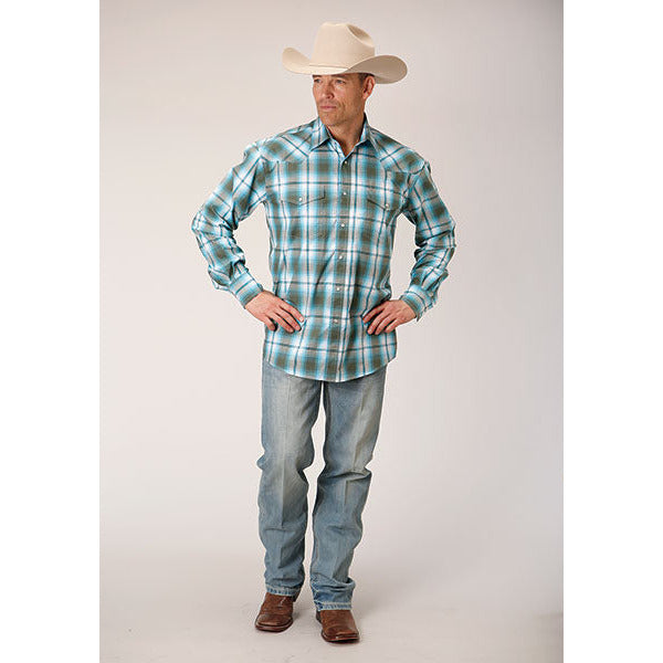 Men's Roper Meadow Plaid Snap Front Western Shirt - Green - yeehawcowboy