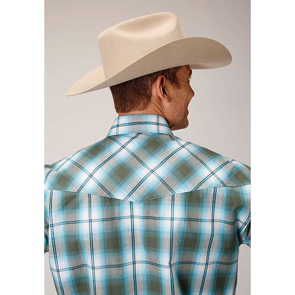 Men's Roper Meadow Plaid Snap Front Western Shirt - Green - yeehawcowboy