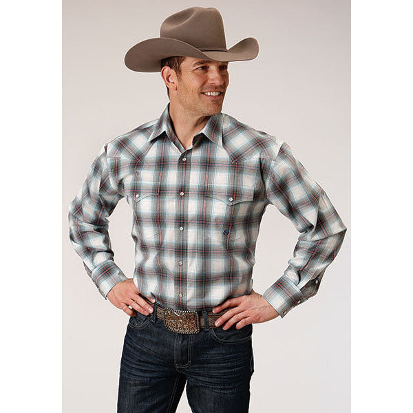 Men's Roper Stretch Plaid Snap Front Western Shirt - Olive - yeehawcowboy