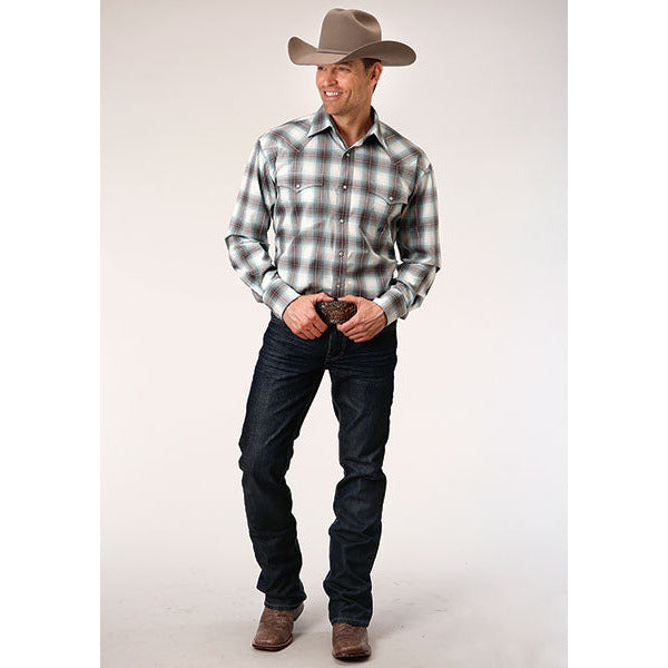 Men's Roper Stretch Plaid Snap Front Western Shirt - Olive - yeehawcowboy