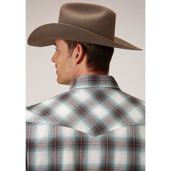 Men's Roper Stretch Plaid Snap Front Western Shirt - Olive - yeehawcowboy