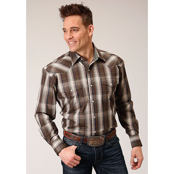Men's Roper Pinewood Plaid Snap Front Western Shirt - Brown - yeehawcowboy