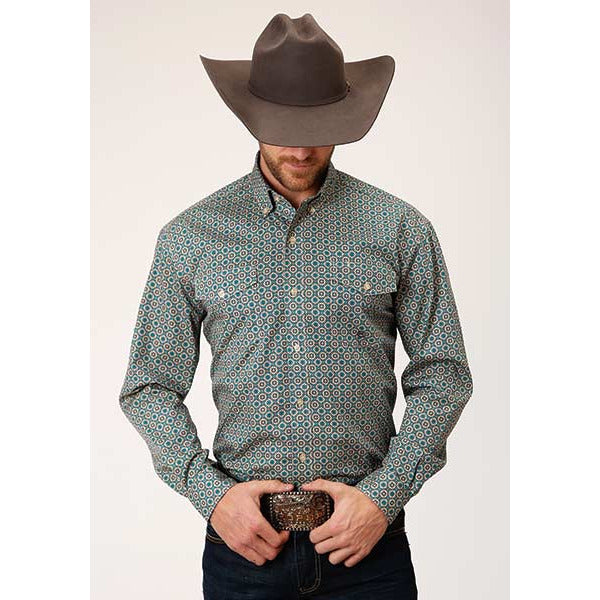 Men's Roper Teal Foulard Button Down Western Shirt - Blue - yeehawcowboy