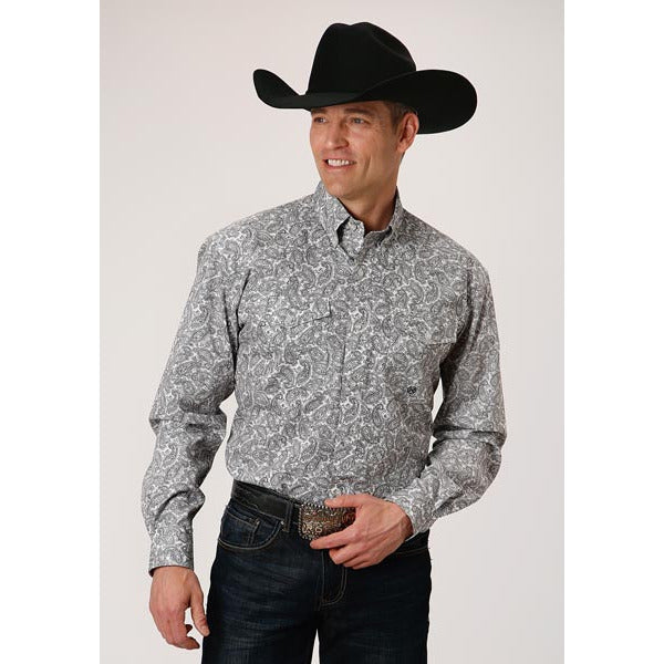 Men's Roper Line Paisley Button Down Western Shirt - White - yeehawcowboy