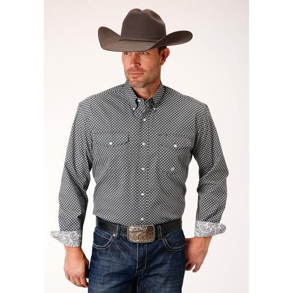 Men's Roper Diamond Star Geo Button Down Western Shirt - Black - yeehawcowboy