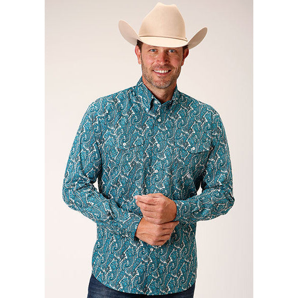 Men's Roper Upstream Paisley Button Down Western Shirt - Blue - yeehawcowboy