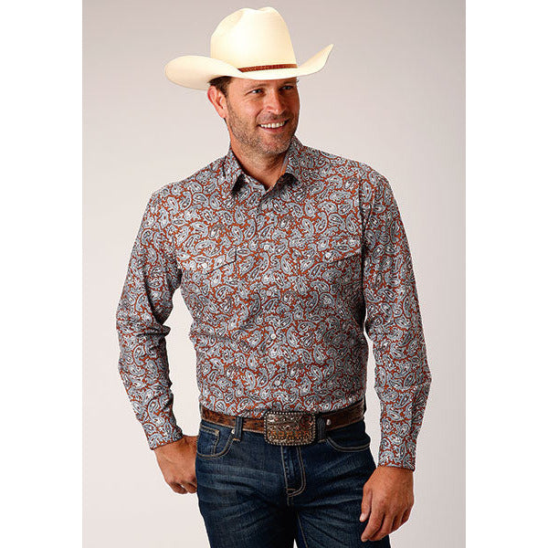 Men's Roper Copper Spring Paisley Button Down Western Shirt - Orange - yeehawcowboy