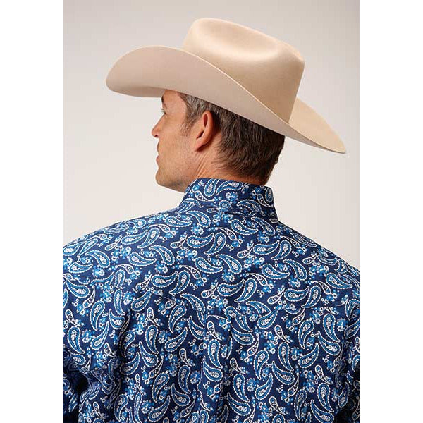 Men's Roper Indigo Paisley Button Down Western Shirt - Blue - yeehawcowboy