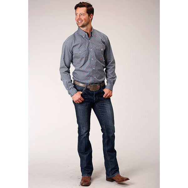 Men's Roper Blue Geo Button Down Western Shirt - Blue - yeehawcowboy
