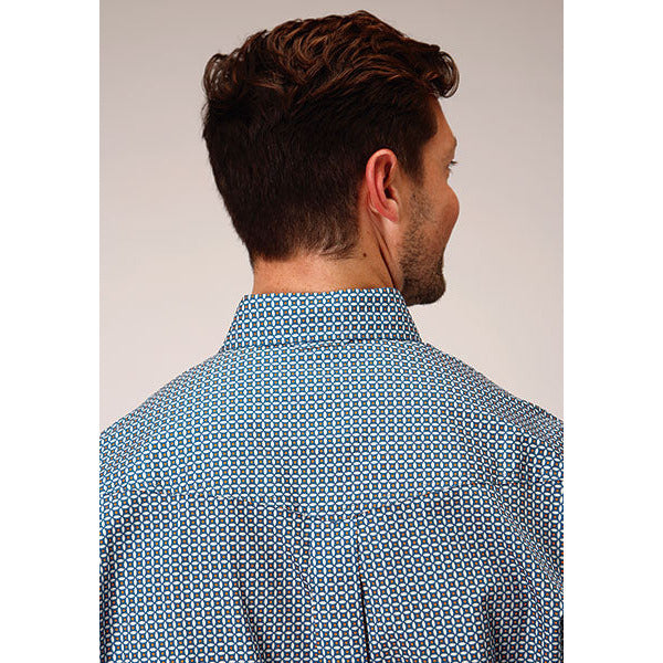 Men's Roper Blue Geo Button Down Western Shirt - Blue - yeehawcowboy
