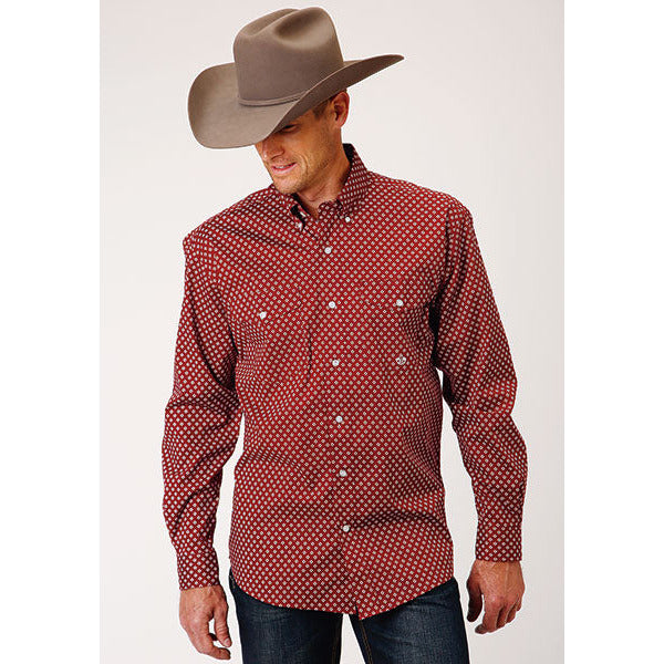 Men's Roper Stretch Poplin Diamond Button Down Western Shirt - Wine - yeehawcowboy