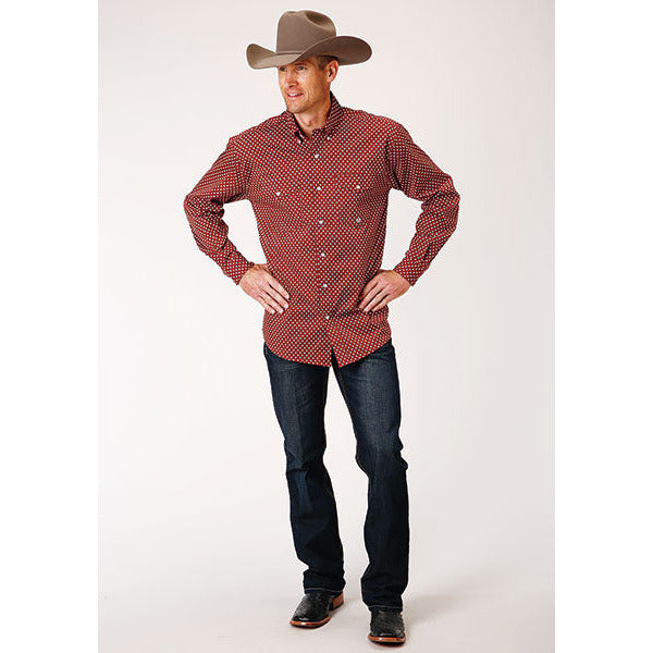 Men's Roper Stretch Poplin Diamond Button Down Western Shirt - Wine - yeehawcowboy