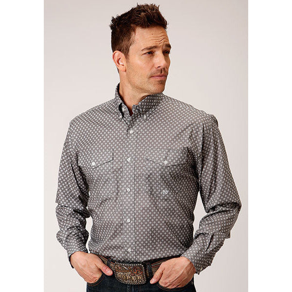 Men's Roper Stretch Poplin Diamond Button Down Western Shirt - Gray - yeehawcowboy