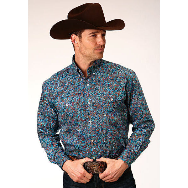 Men's Roper Blue Canyon Paisley Button Down Western Shirt - Blue - yeehawcowboy