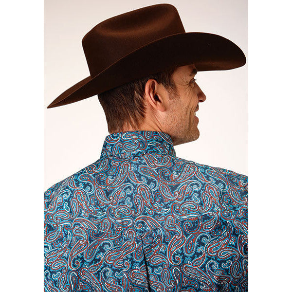 Men's Roper Blue Canyon Paisley Button Down Western Shirt - Blue - yeehawcowboy