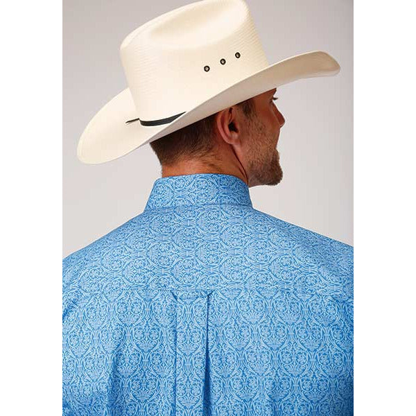 Men's Roper Wallpaper Print Button Down Western Shirt - Blue - yeehawcowboy