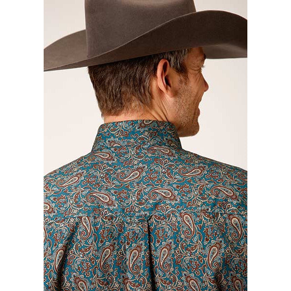 Men's Roper Vintage Teal Paisley Button Down Western Shirt - Green - yeehawcowboy