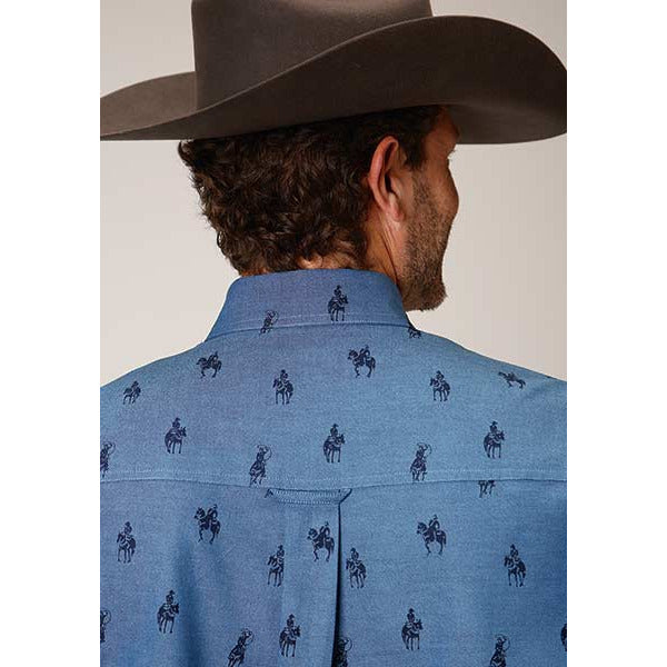 Men's Roper Horseman Oxford Button Down Western Shirt - Blue - yeehawcowboy