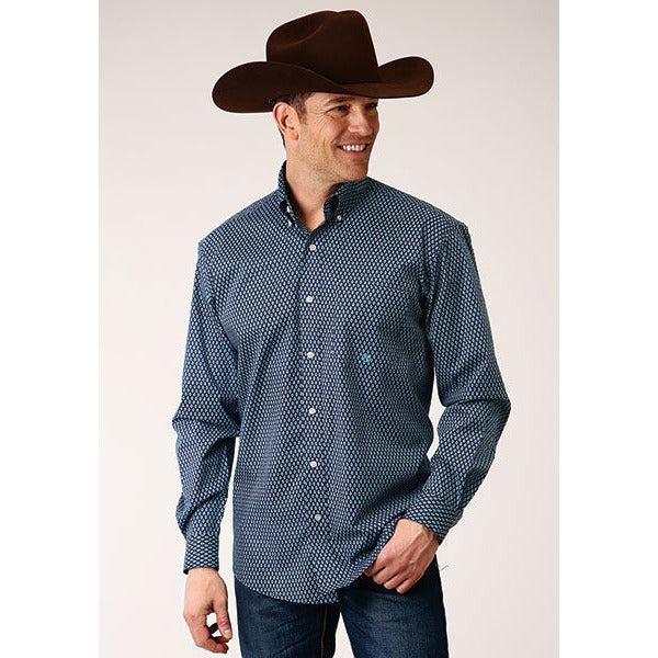Men's Roper Diamond Neat Button Down Western Shirt - Navy - yeehawcowboy
