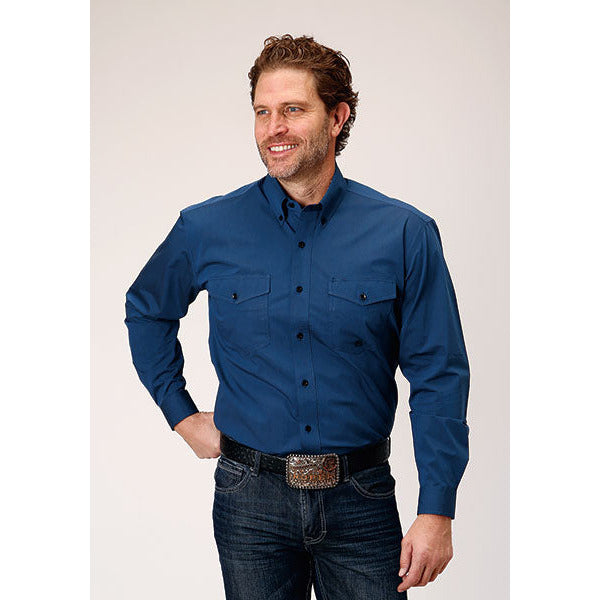 Men's Roper Black Fill Button Down Western Shirt - Blue - yeehawcowboy