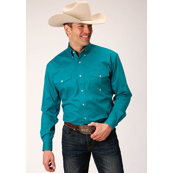 Men's Roper Solid Poplin Stretch Button Down Western Shirt - Turquoise - yeehawcowboy