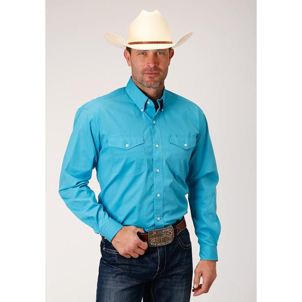 Men's Roper Stretch Poplin Button Down Western Shirt - Turquoise - yeehawcowboy