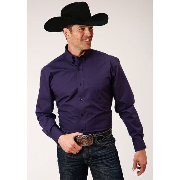 Men's Roper Black Fill Solid Button Down Western Shirt - Purple - yeehawcowboy