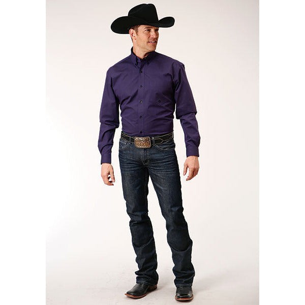 Men's Roper Black Fill Solid Button Down Western Shirt - Purple - yeehawcowboy