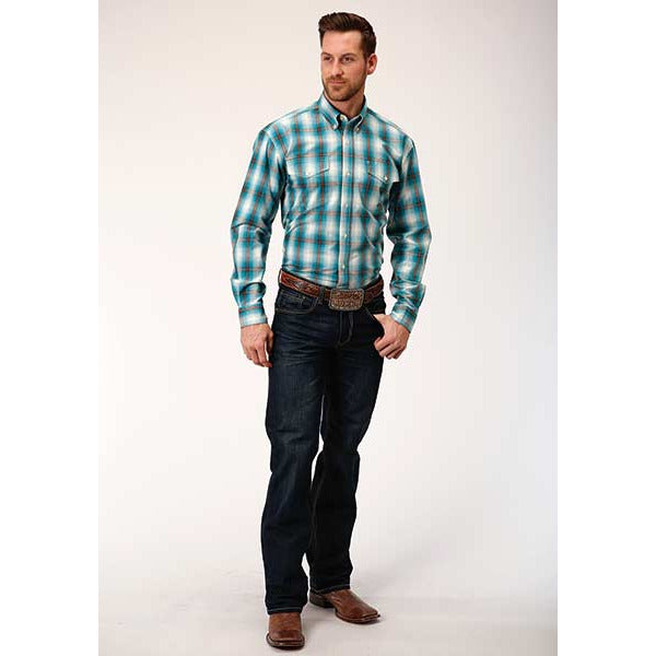 Men's Roper Teal Ombre Button Down Western Shirt - Blue - yeehawcowboy