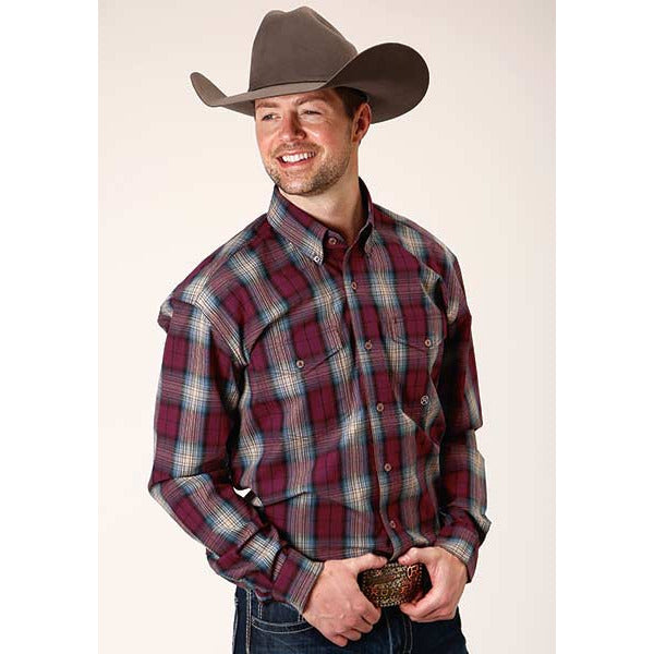 Men's Roper Wine Plaid Button Down Western Shirt - Wine - yeehawcowboy