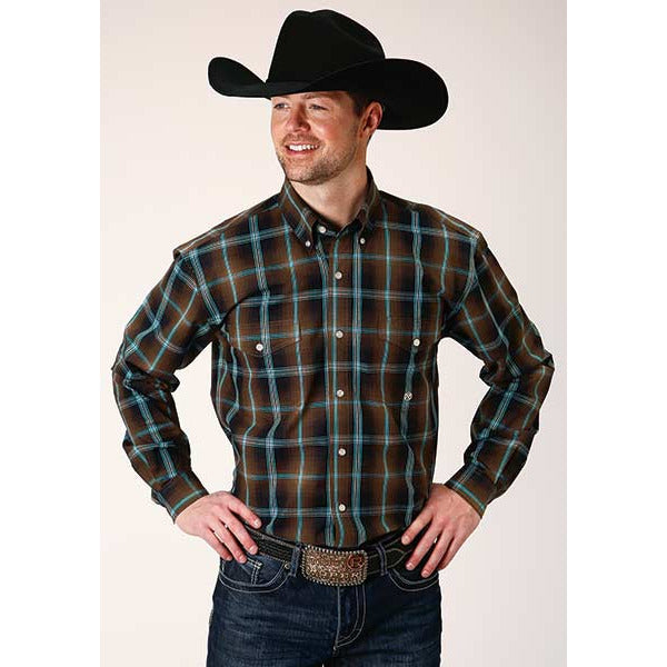 Men's Roper Dark Chocolate Plaid Button Down Western Shirt - Brown - yeehawcowboy