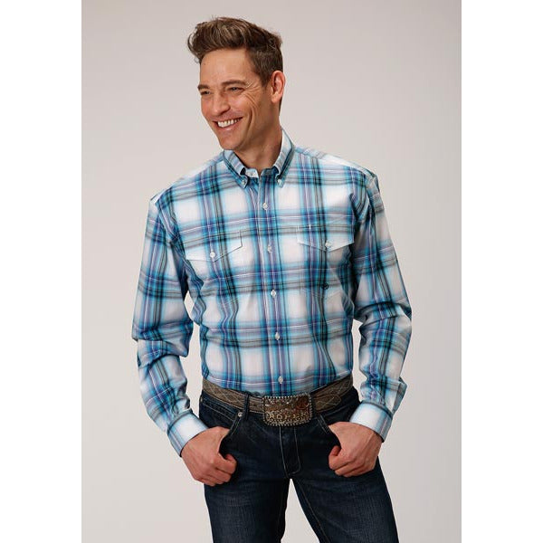 Men's Roper Clear Sky Plaid Button Down Western Shirt - Green - yeehawcowboy