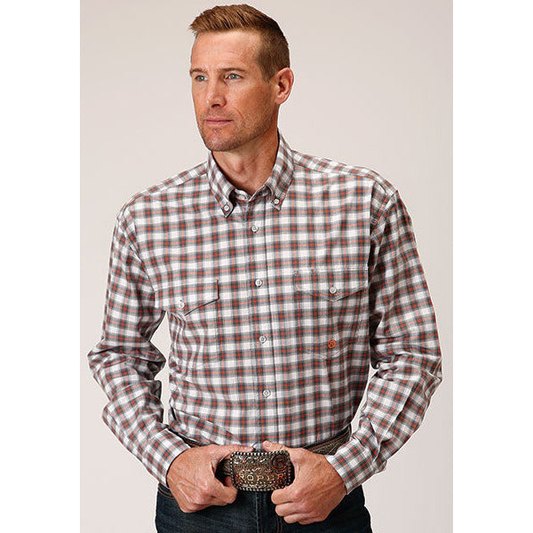 Men's Roper Stretch Check Button Down Western Shirt - Gray - yeehawcowboy