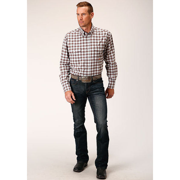 Men's Roper Stretch Check Button Down Western Shirt - Gray - yeehawcowboy