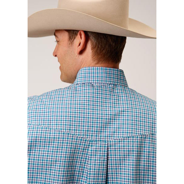 Men's Roper Stretch Check Button Down Western Shirt - Blue - yeehawcowboy