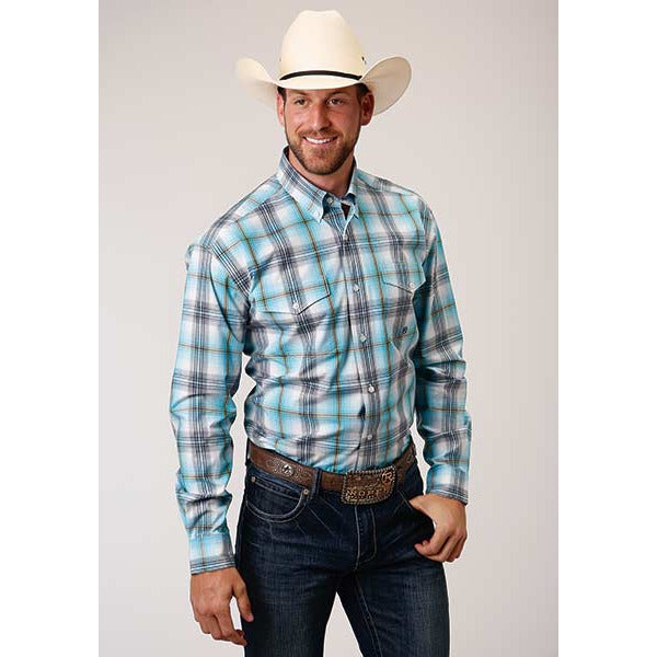 Men's Roper Sweetwater Plaid Button Down Western Shirt - Blue - yeehawcowboy