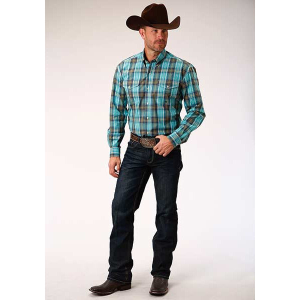 Men's Roper Sea Green Plaid Button Down Western Shirt - Green - yeehawcowboy