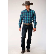 Men's Roper Blue Shadow Plaid Button Down Western Shirt - Blue - yeehawcowboy