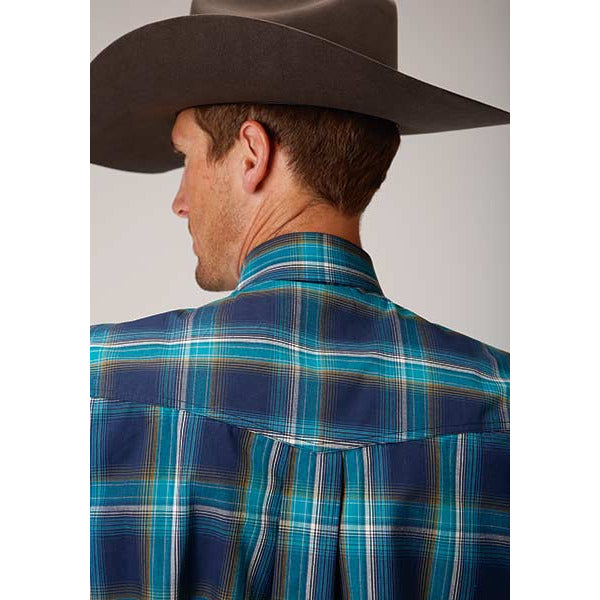 Men's Roper Blue Shadow Plaid Button Down Western Shirt - Blue - yeehawcowboy