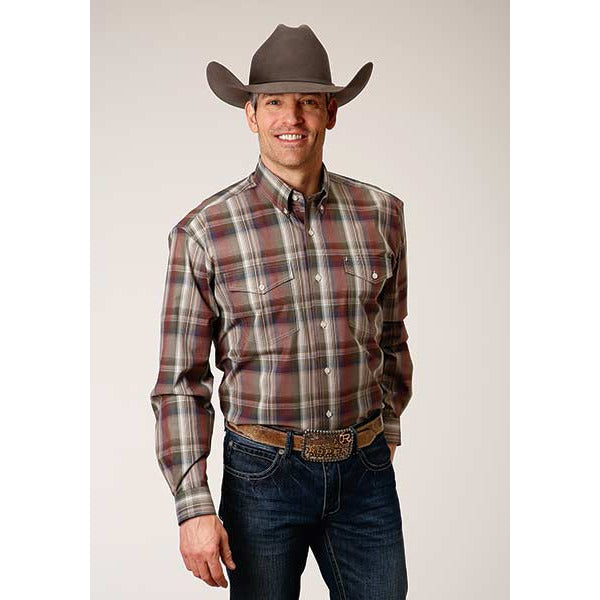 Men's Roper Redwood Plaid Button Down Western Shirt - Wine - yeehawcowboy