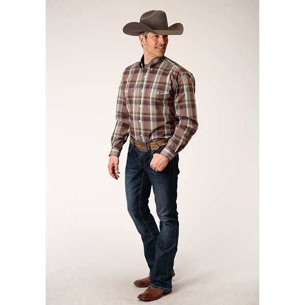 Men's Roper Redwood Plaid Button Down Western Shirt - Wine - yeehawcowboy