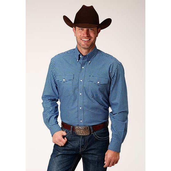Men's Roper Blue Oxford Check Button Down Western Shirt - Blue - yeehawcowboy
