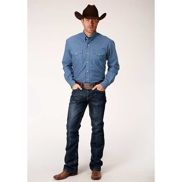 Men's Roper Blue Oxford Check Button Down Western Shirt - Blue - yeehawcowboy