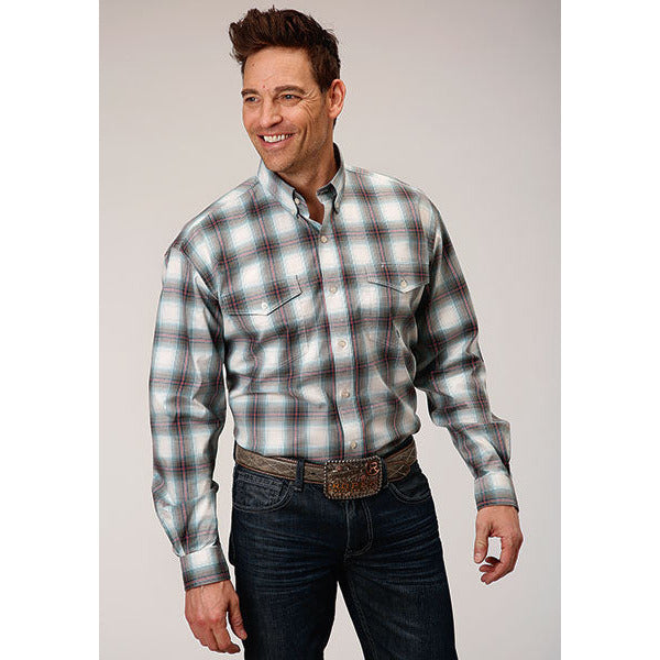 Men's Roper Stretch Check Button Down Western Shirt - Olive - yeehawcowboy