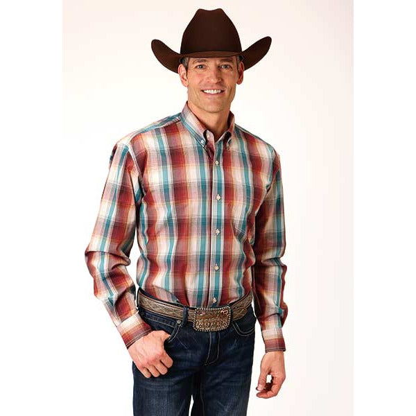 Men's Roper Canyon Plaid Button Down Western Shirt - Brown - yeehawcowboy