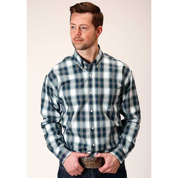 Men's Roper Blue West Plaid Button Down Western Shirt - Blue - yeehawcowboy