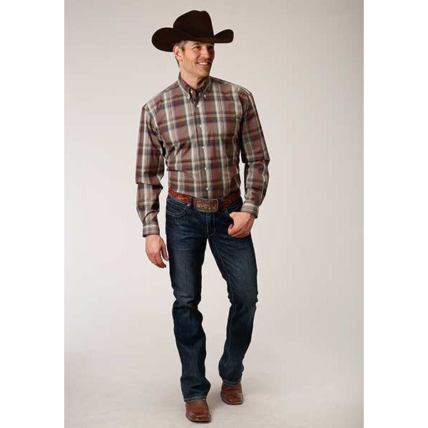 Men's Roper Redwood Plaid Button Down Western Shirt - Wine - yeehawcowboy