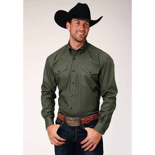 Men's Roper Olive Star Foulard Button Down Western Shirt Tall - Green - yeehawcowboy