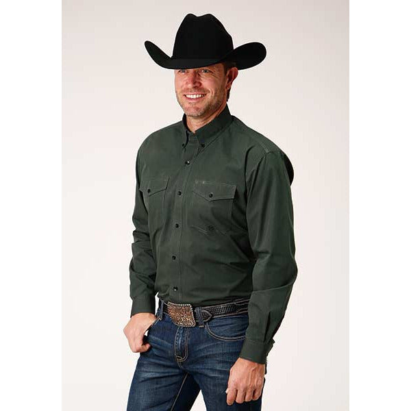 Men's Roper Black Fill Solid Button Down Western Shirt - Olive - yeehawcowboy