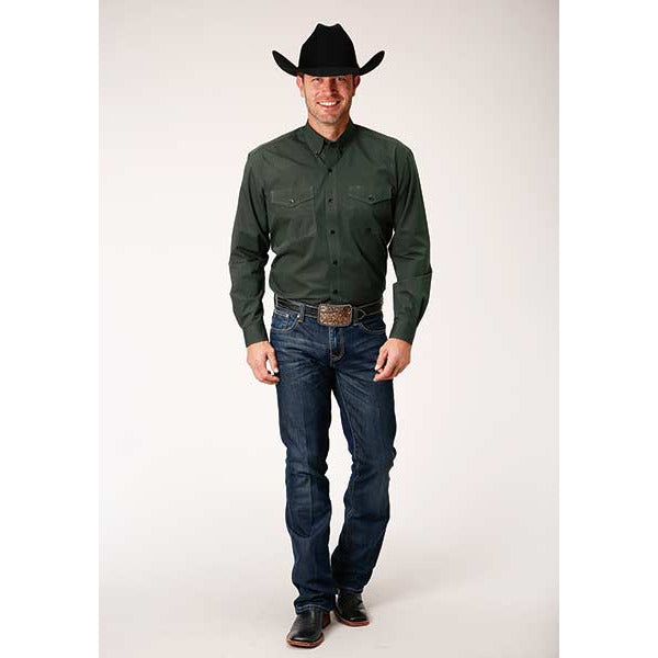 Men's Roper Black Fill Solid Button Down Western Shirt - Olive - yeehawcowboy